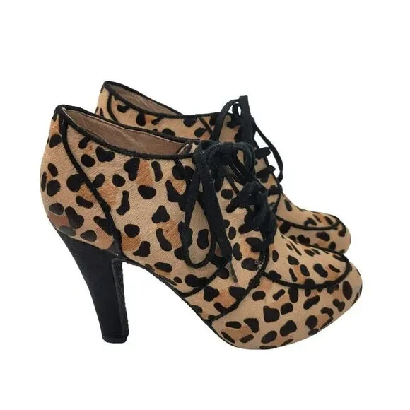 TopShop Leopard Booties New Calf Hair Boots Womens Size 7 Lace Up - Picture 5 of 9